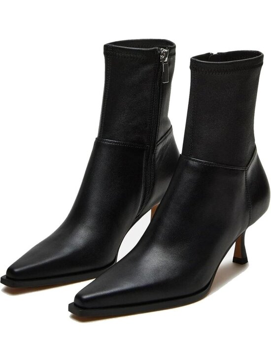 Shoes - Women's Black PU Boots with Side Zip Ankle Mid Calf Pointed Toe Kitten Heel